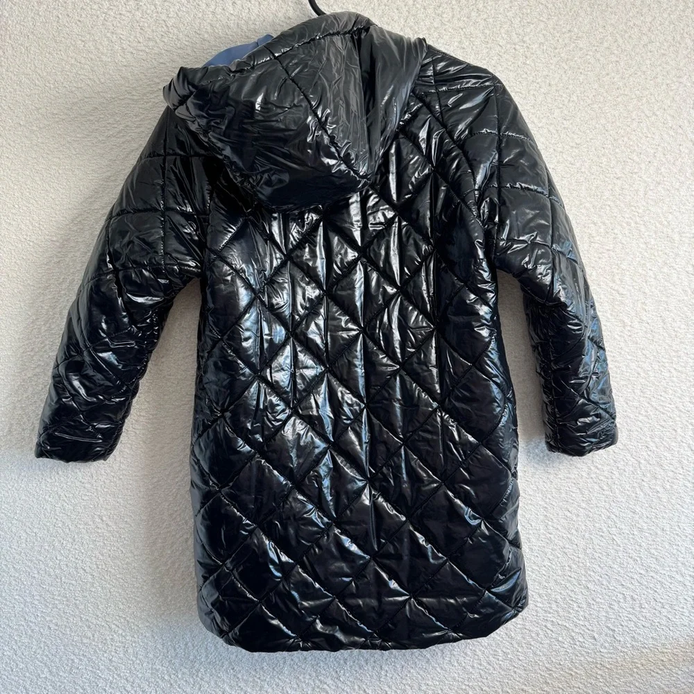 Zara Diamond Quilted Shiny Black Hooded Puffer Long Jacket Winter Coat Size 9‎