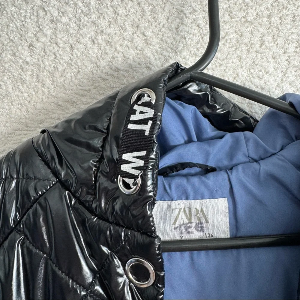 Zara Diamond Quilted Shiny Black Hooded Puffer Long Jacket Winter Coat Size 9‎