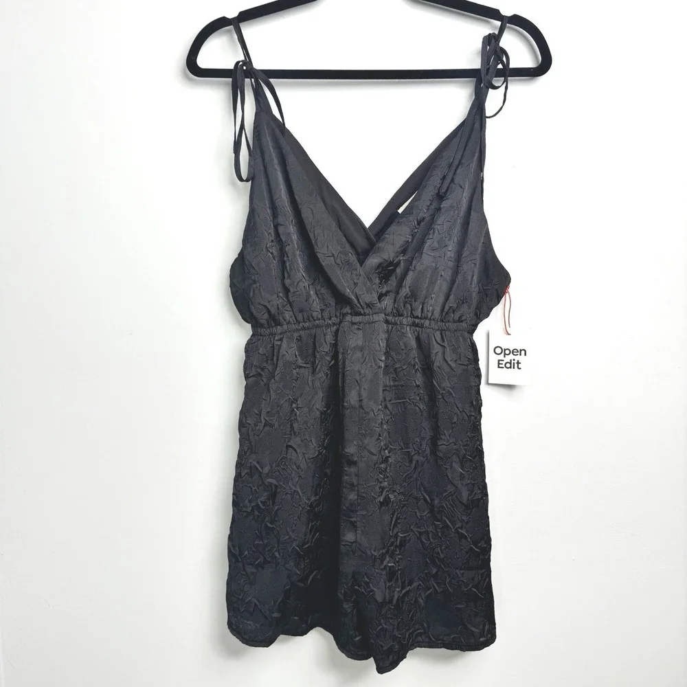 OPEN EDIT Jacquard Tie Shoulder Romper in Black NWT Women's Size Medium