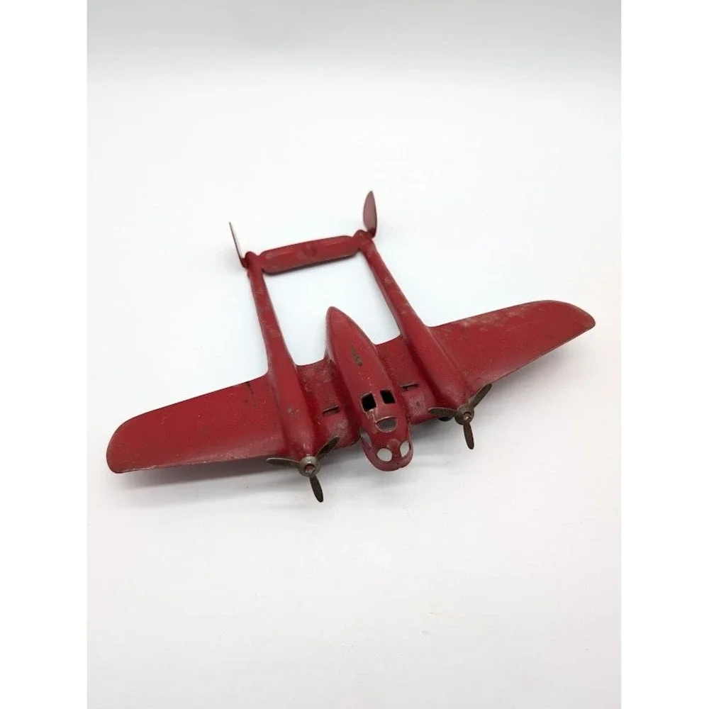 Vintage 30s Wyandotte Crusader P-38 Fighter Plane Pressed Steel Toy Military Red