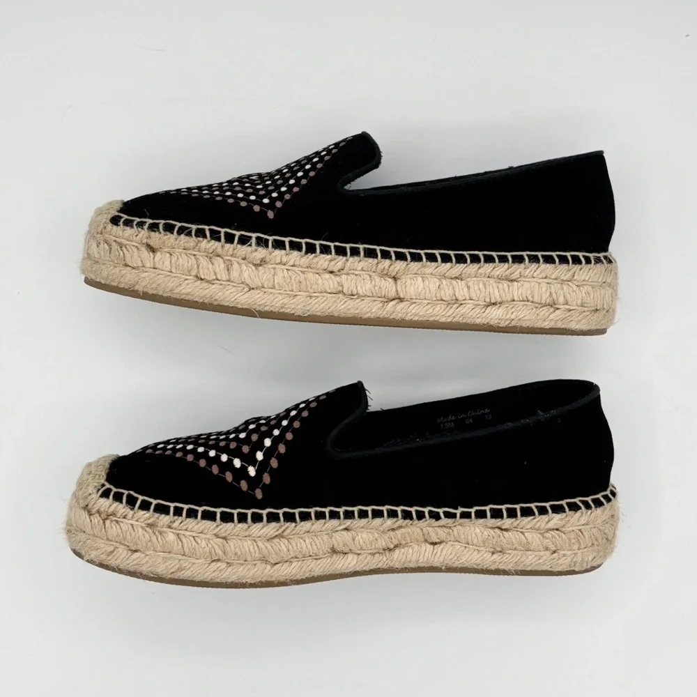 Jack Rogers Black Suede Embroidered Espadrilles Sz 7.5 Summer Classic