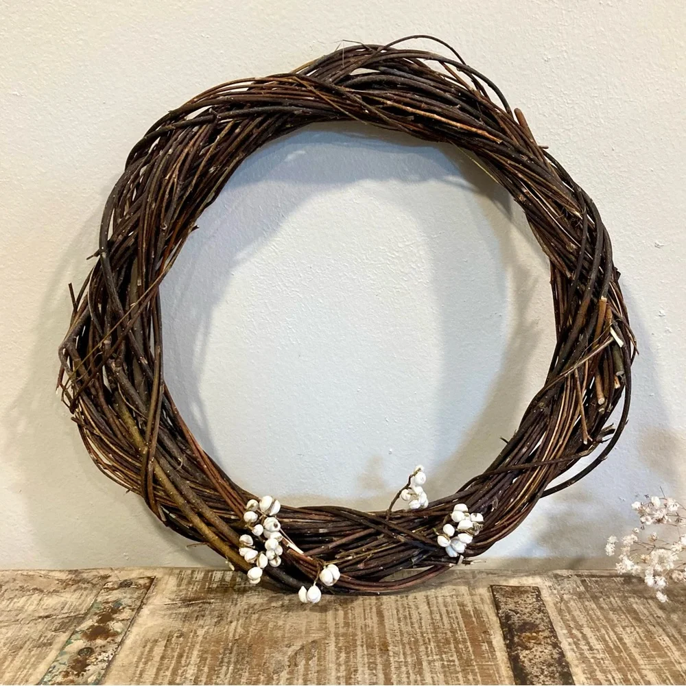 13” Natural Willow & Tallow Berry Wreath Neutral Rustic Decor Handmade Wreath