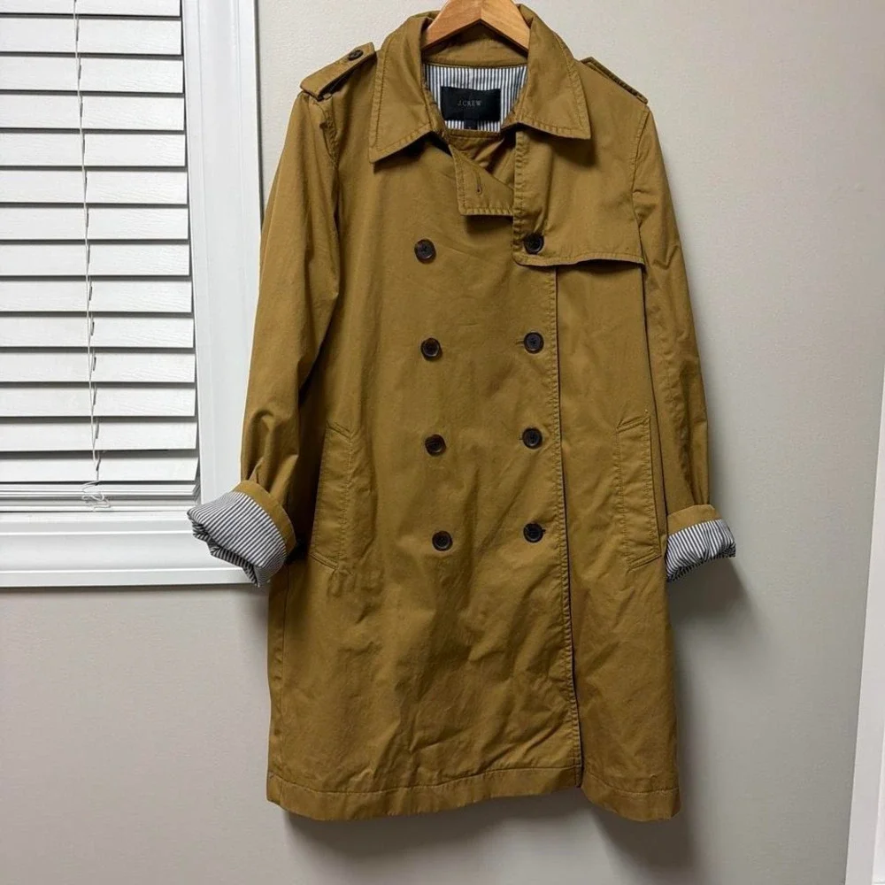 J Crew Trench Coat Women's Size 12 Mustard Yellow Double Breasted Striped Lining