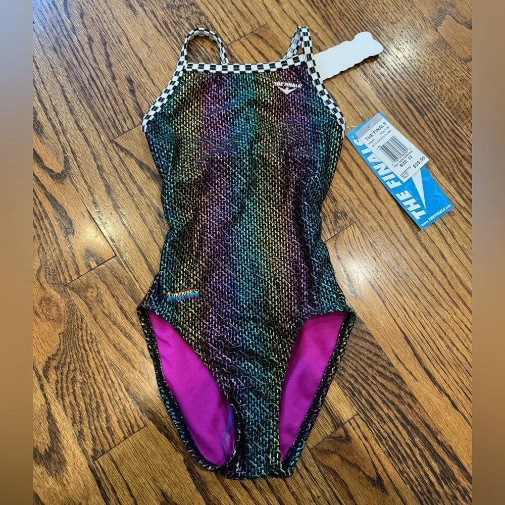 NWT New THE FINALS Racing Swimsuit Glitz Glam Foil Rainbow Flutterback 22 Girl 5