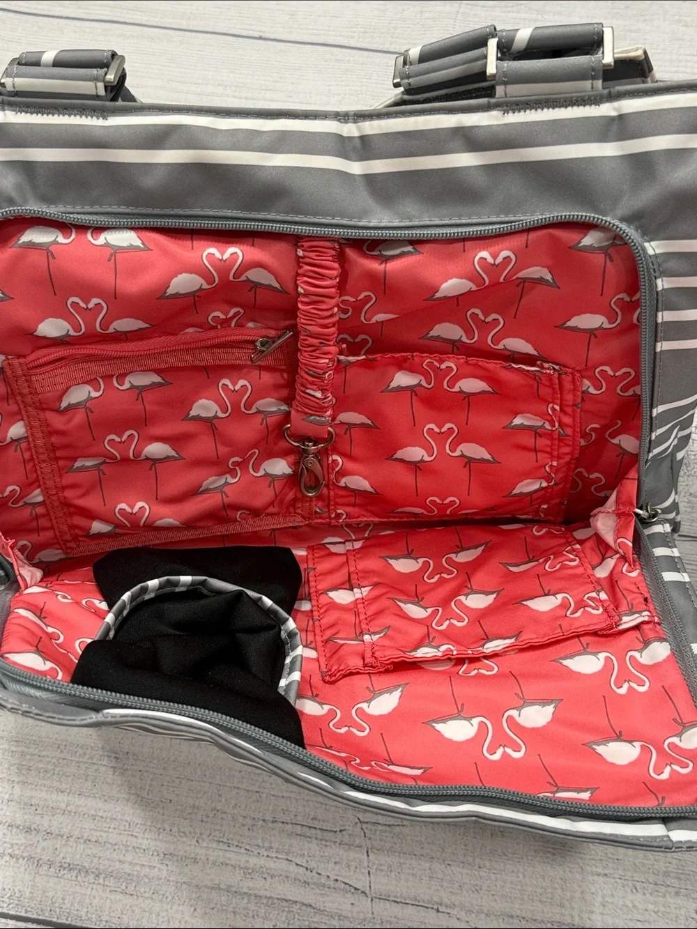 Ju-Ju-Be Gray White Striped Convertible Diaper Bag with Shoulder Strap