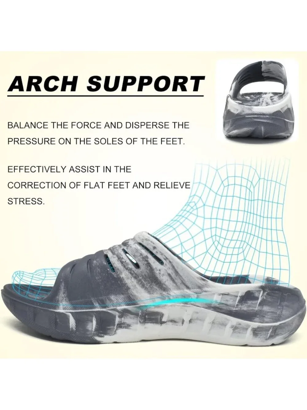 Men Grey White Sandals Orthotic Arch Support Open Toe Sport Slides Thick Cushion