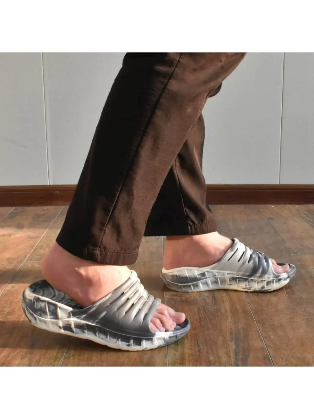 Men Grey White Sandals Orthotic Arch Support Open Toe Sport Slides Thick Cushion