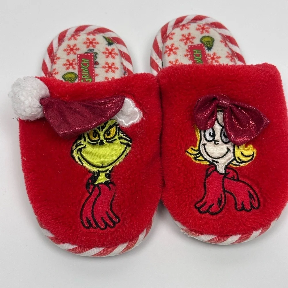 Kids Unisex Grinch Holiday Slide Slippers w/ 3D Hat & Bow