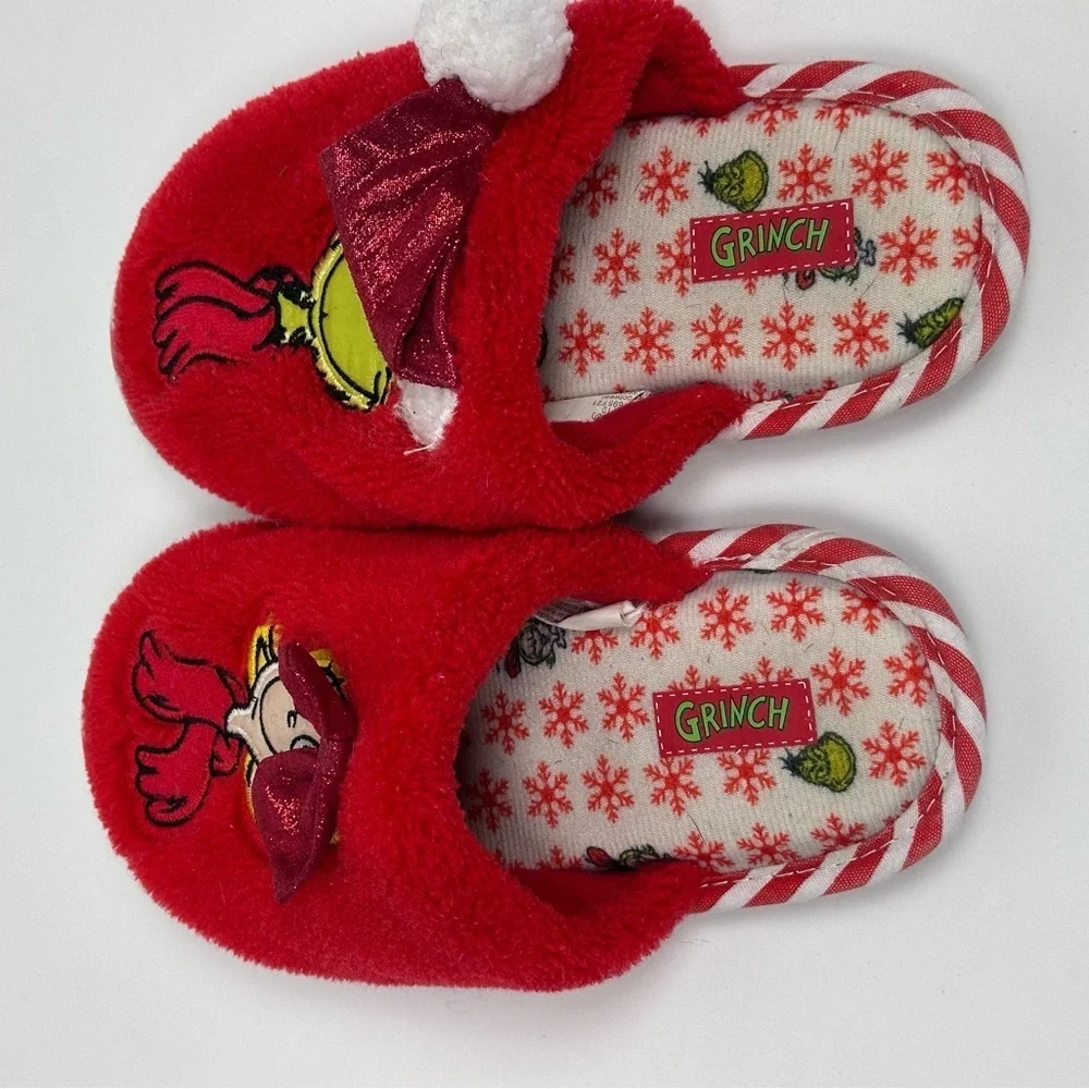 Kids Unisex Grinch Holiday Slide Slippers w/ 3D Hat & Bow