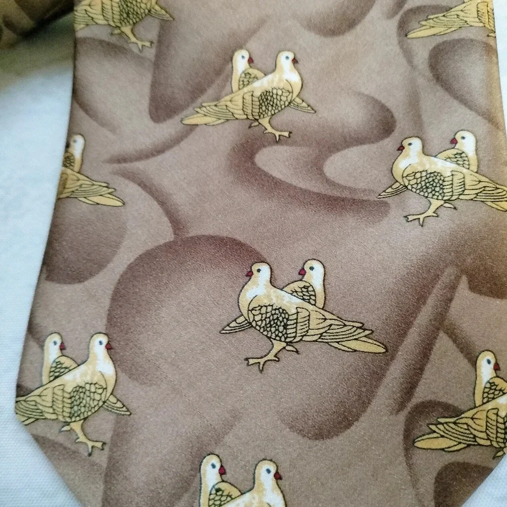Kai Long Silk Tie Necktie Tan Brown Abstract Birds Handmade 56x4. B