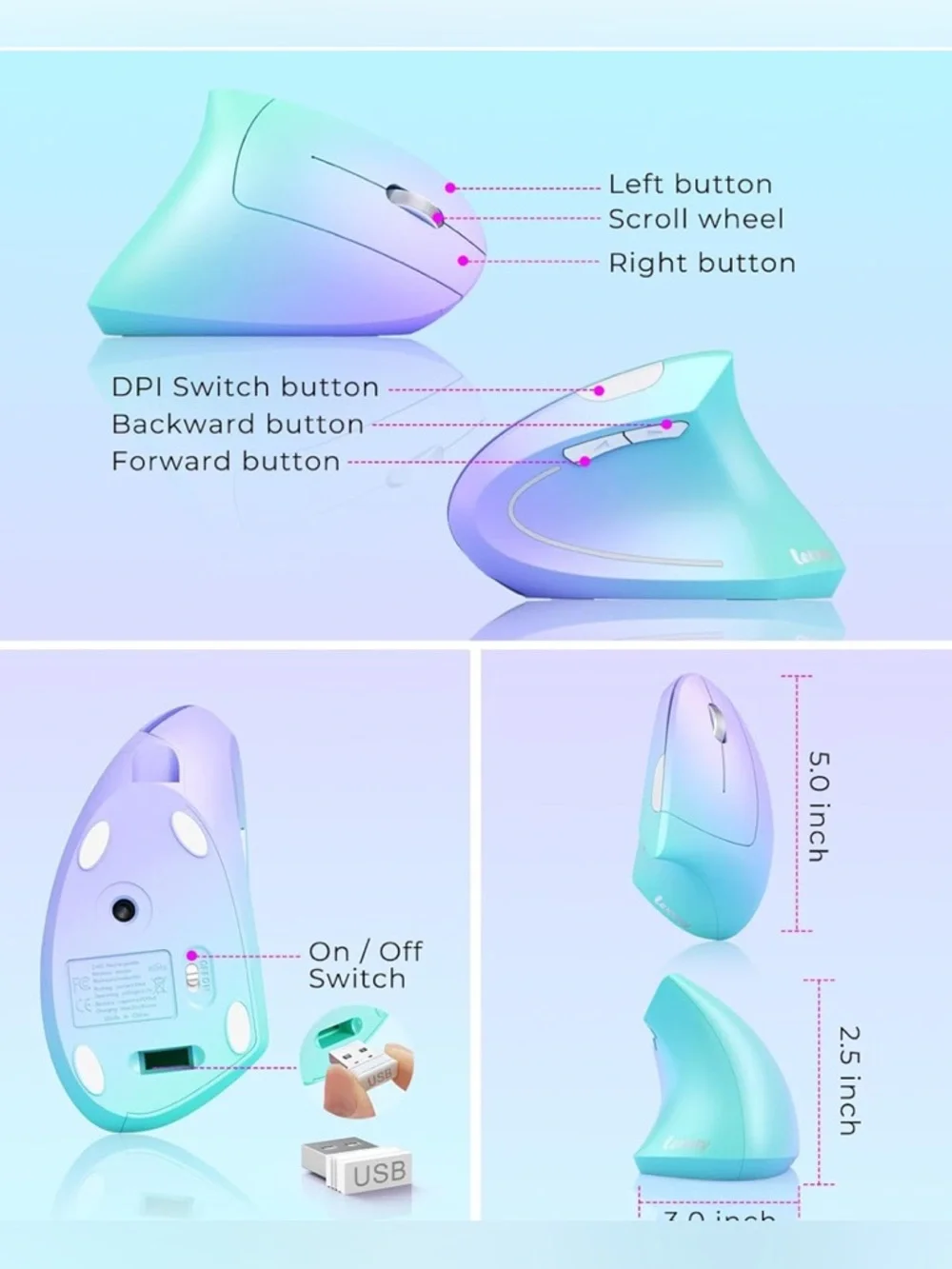 Ergonomic Wireless Mouse in Teal and Lavender Gradient
