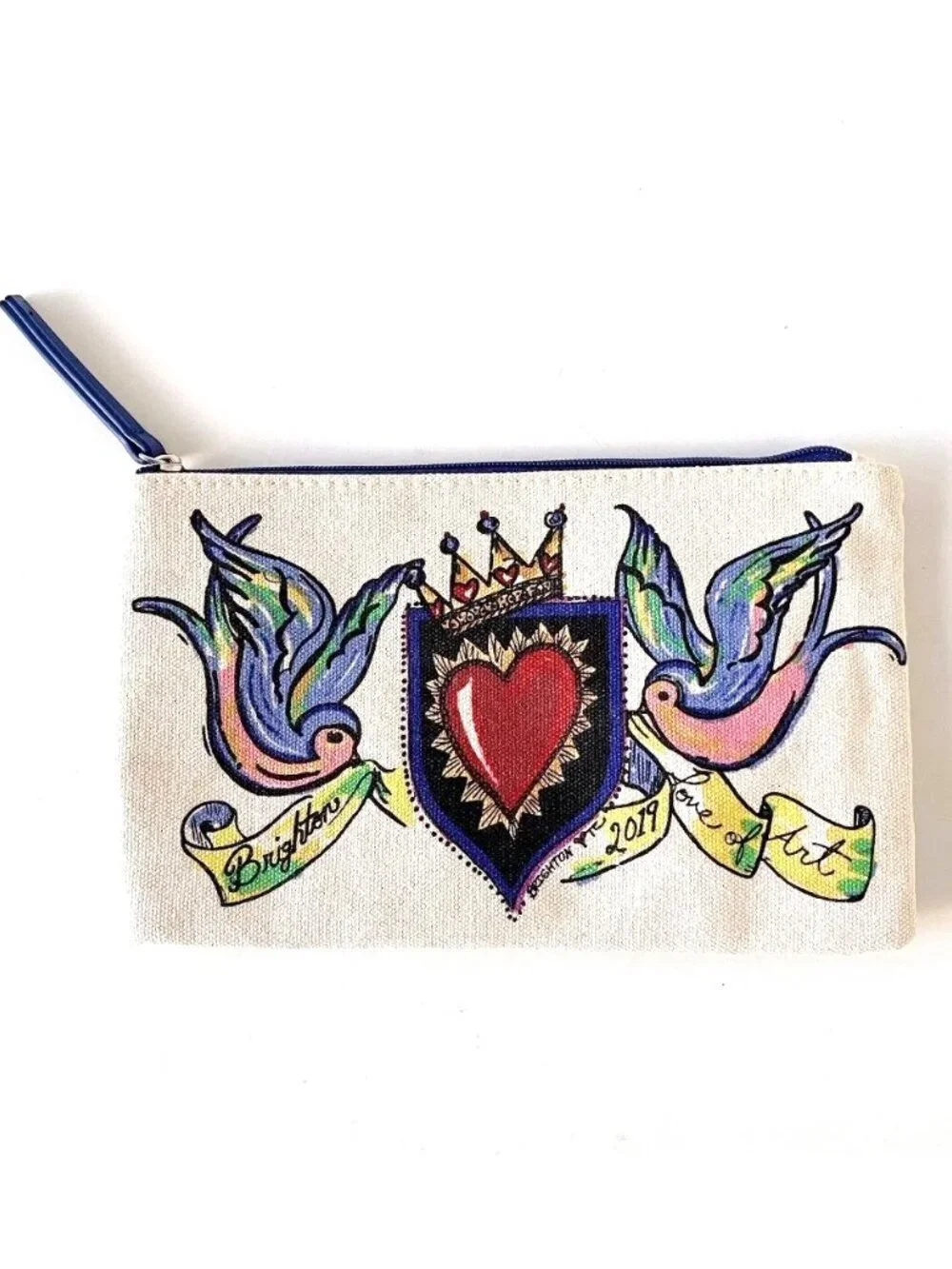 Bright Makeup Bag 2019 Love of Art w/ Birds, Heart & Crown Blue Perfect Cond