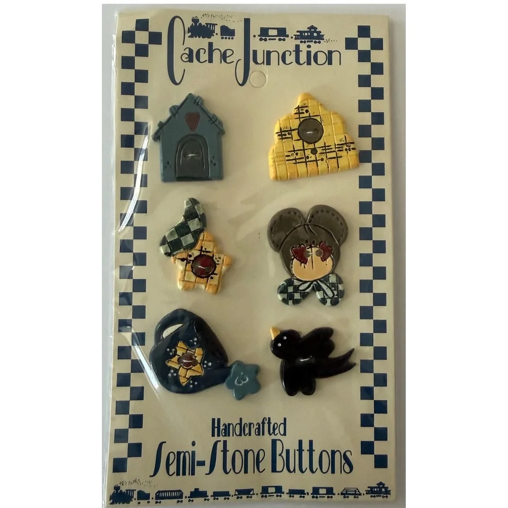 Cache Junction HandcraftSemi Stone Button Set 6 Folk‎ Birdhouse Scarecrow Mouse