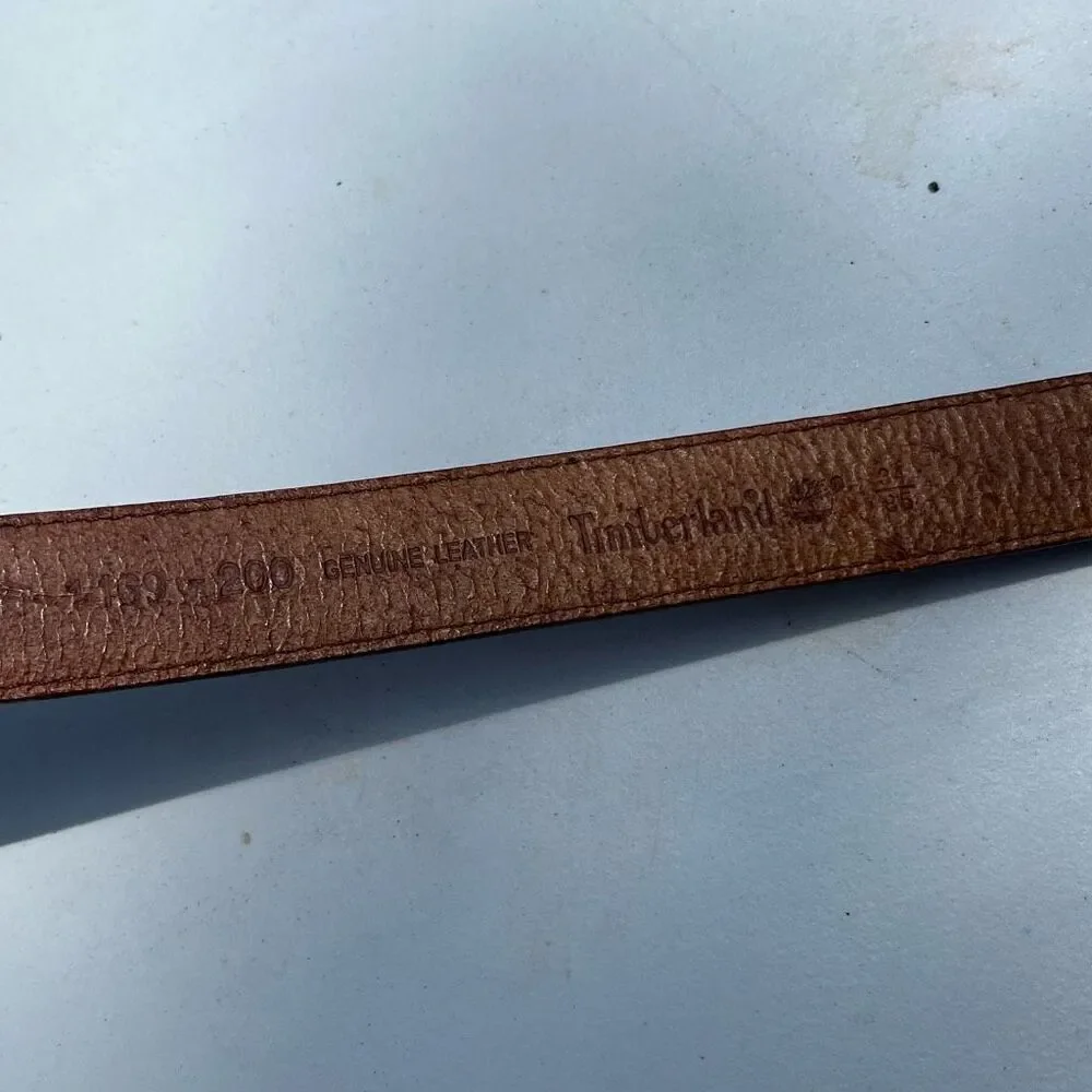 Timberland Tan Leather Belt Sz 34/85 Logo Buckle Contrast Stitching Unisex
