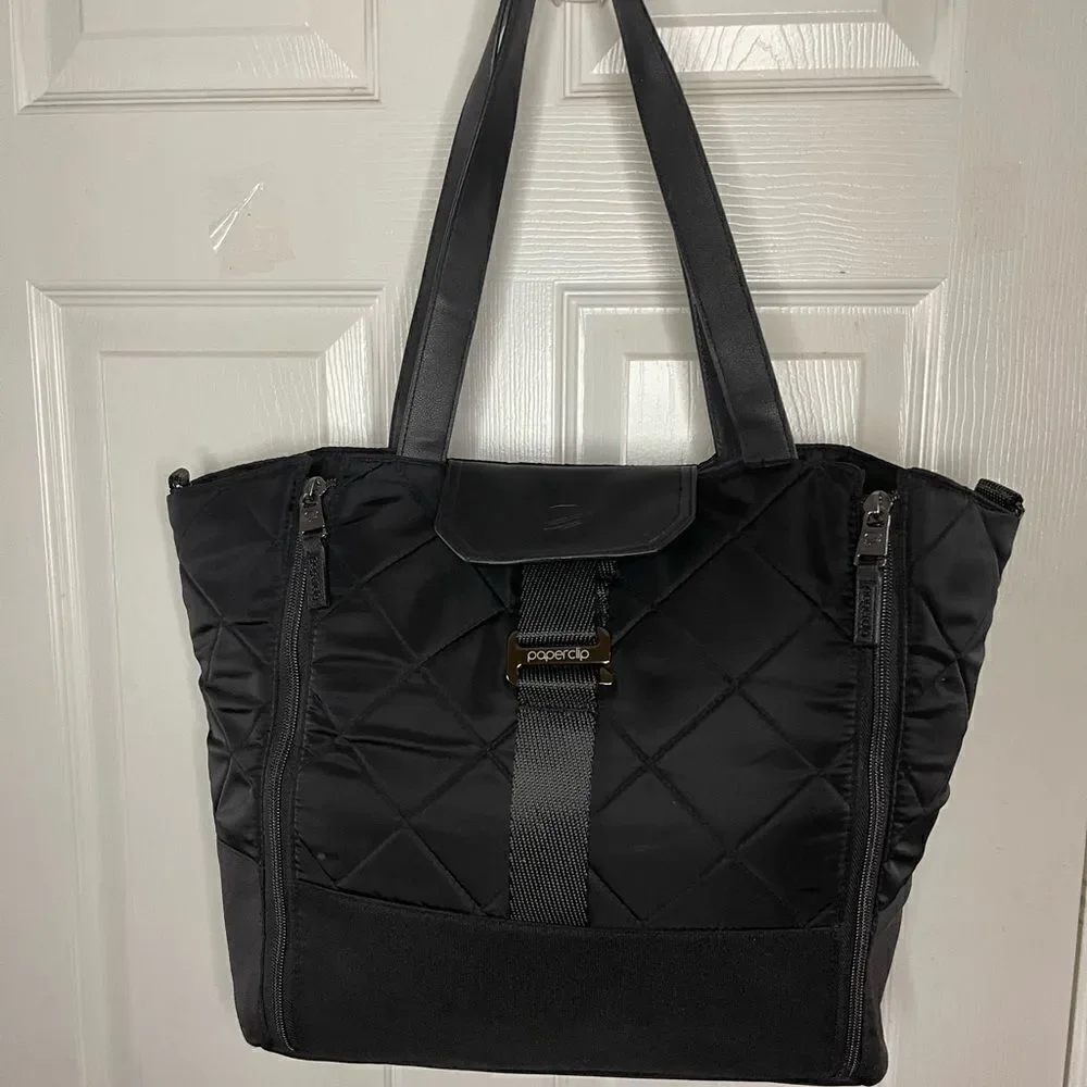 Paper Clip Black Nylon Quilted Large Diaper Bag silver tone hardwares.