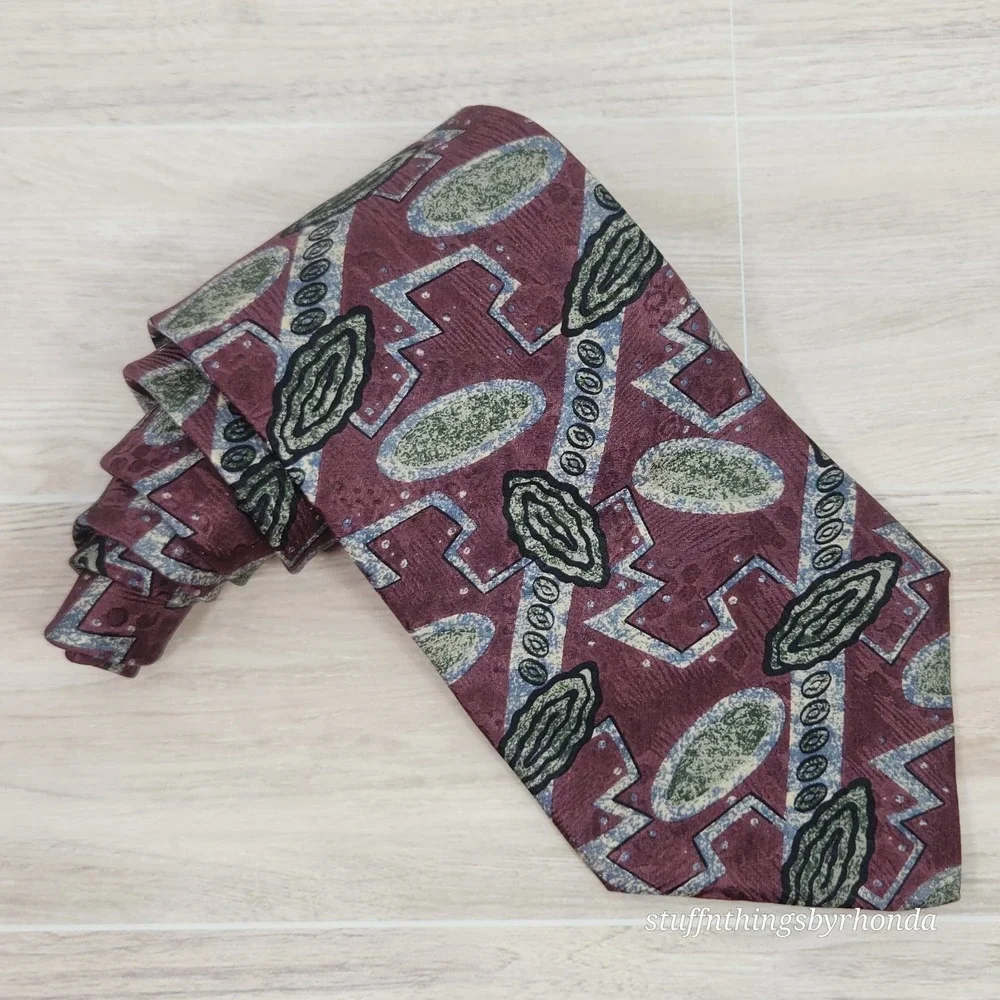 Villa Bugatti Abstract Red Burgundy, Gray, Black & Green 100% Italian Silk Tie