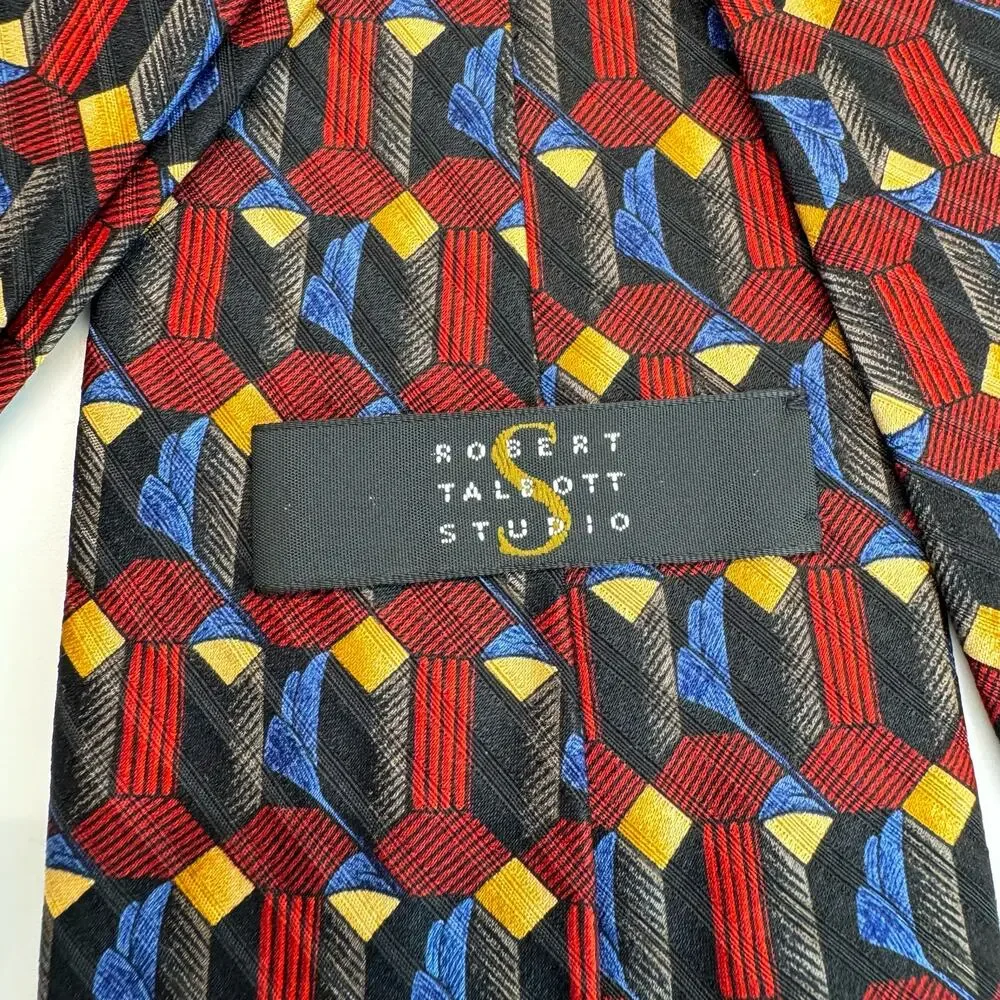 Robert Talbott 100% Silk Necktie Geometric Print Tie Maroon Gold Blue Black