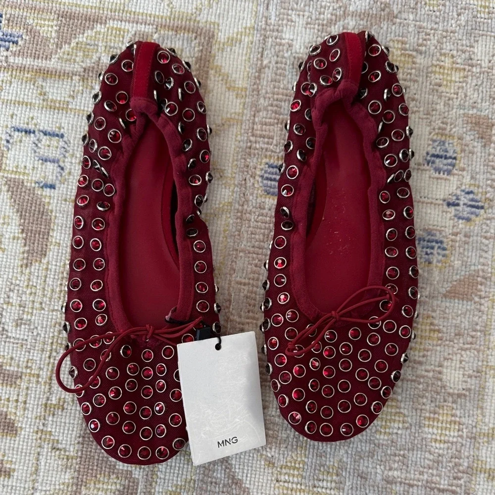 NWT Mango studded bow front ballet pumps in red Size 36
