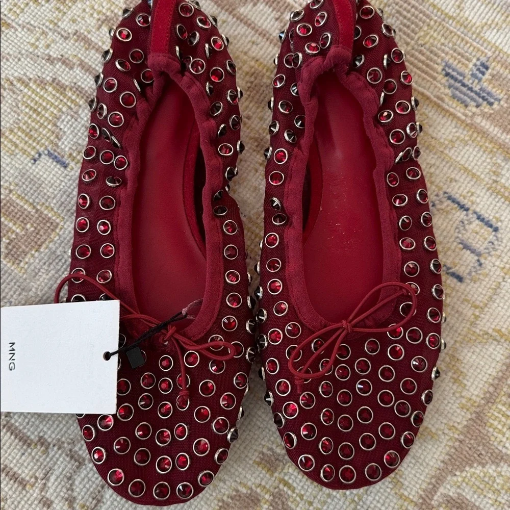 NWT Mango studded bow front ballet pumps in red Size 36