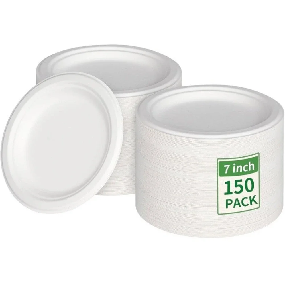 Aricsen 150 Pack 7 Inch Compostable Disposable Round Paper Plates, Natural Wh...