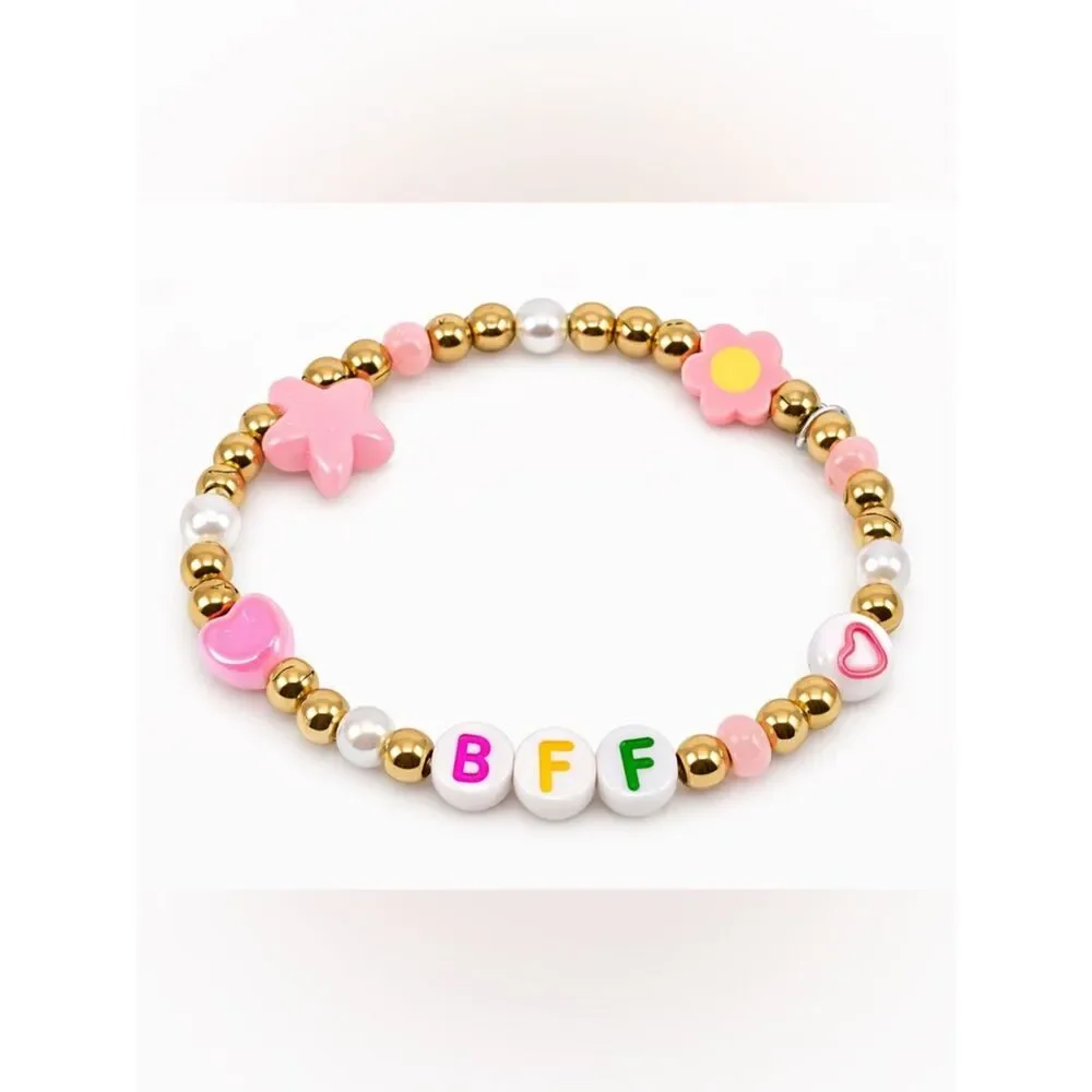 BFF Beaded Friendship Bracelet Gold Tone Pink Heart Flower Girls Women Gift