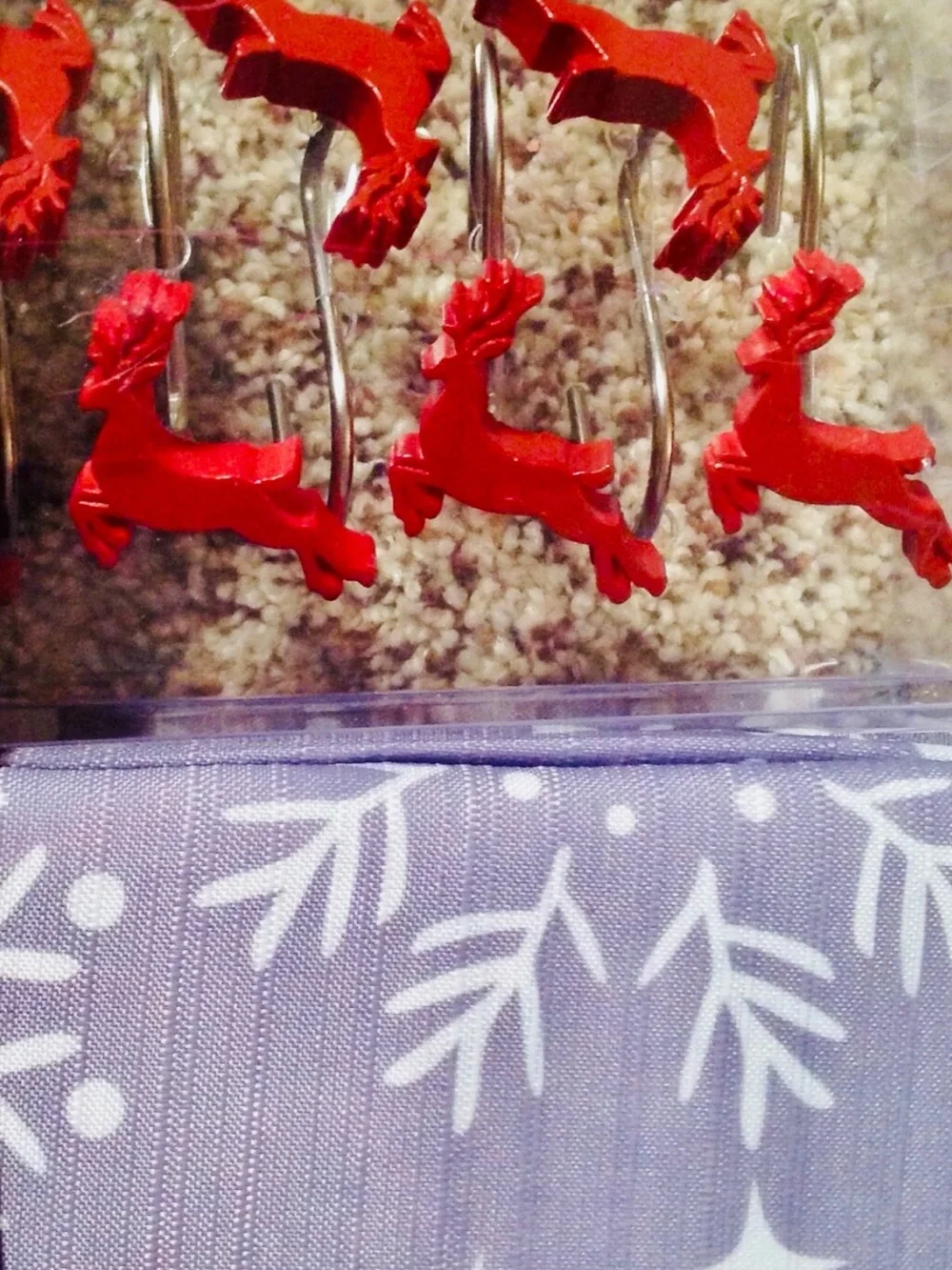 Christmas Shower Curtain And Hooks Set Snowflakes Reindeer Gray Red White 70x72