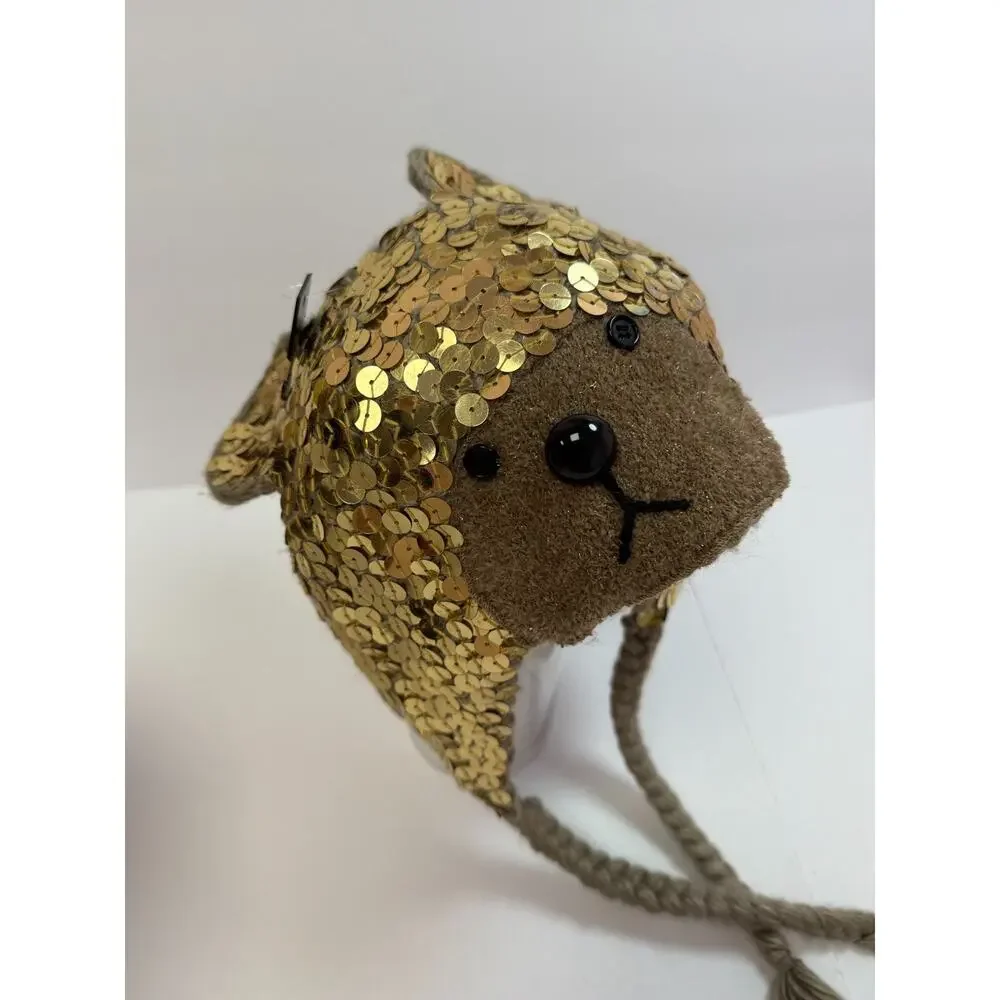 American Rag Bear Hat Gold Sequin Knit Beanie Winter Warm Ear Flap One Size