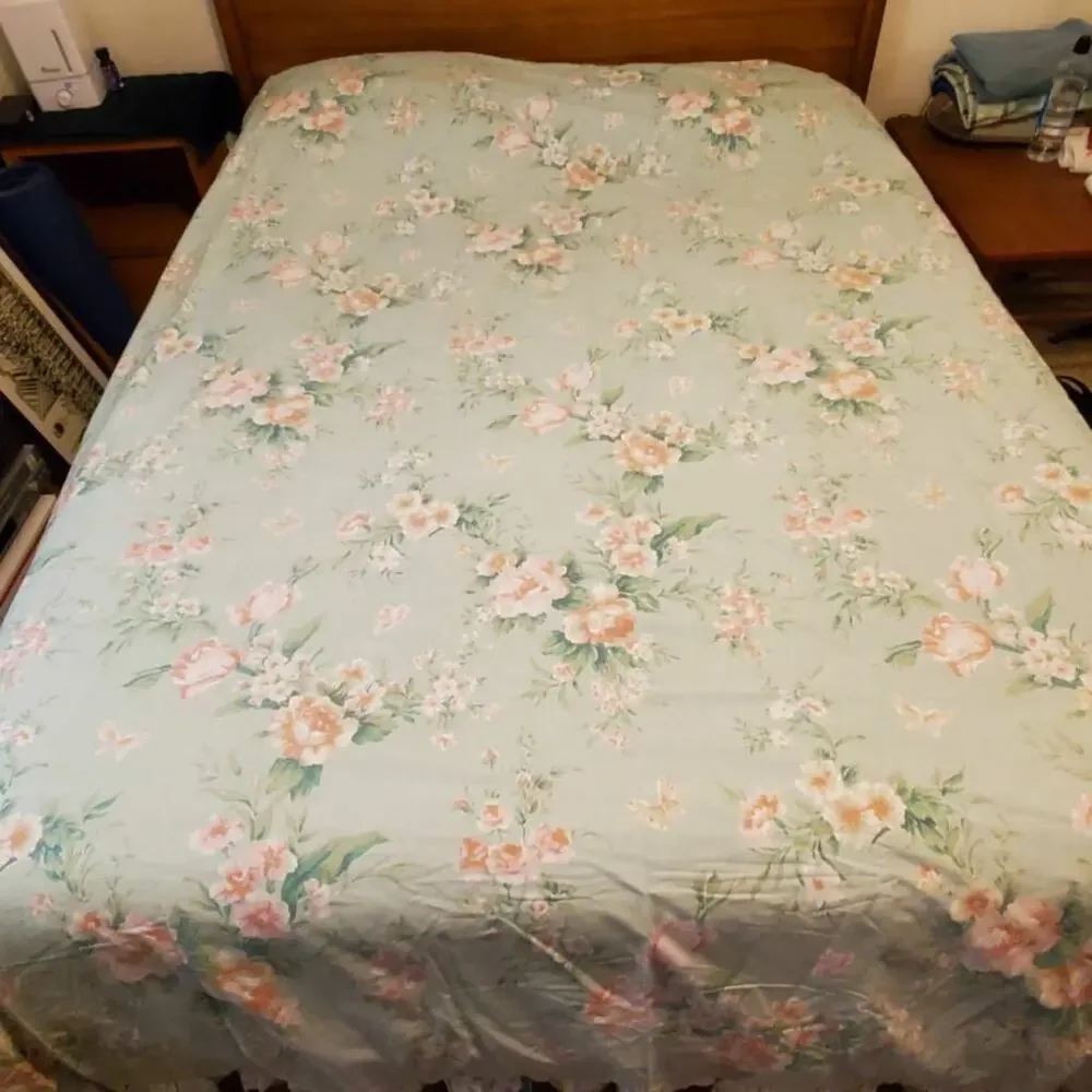 Vintage J.P. Stevens Full Flat Sheet 1970s Green Floral No Iron USA 78 x 100