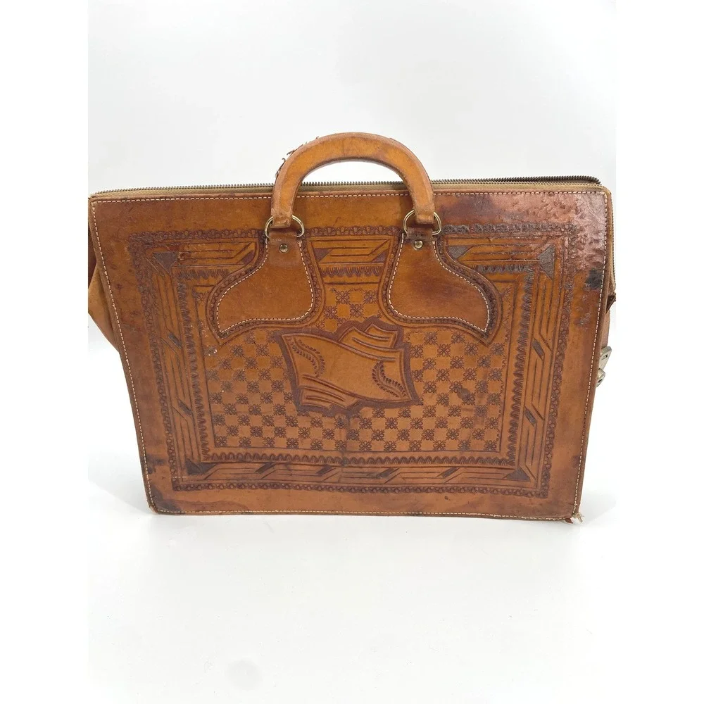 Vintage Mexican Hand Tooled Leather Briefcase - Aztec Sun Stone & Eagle - As-Is