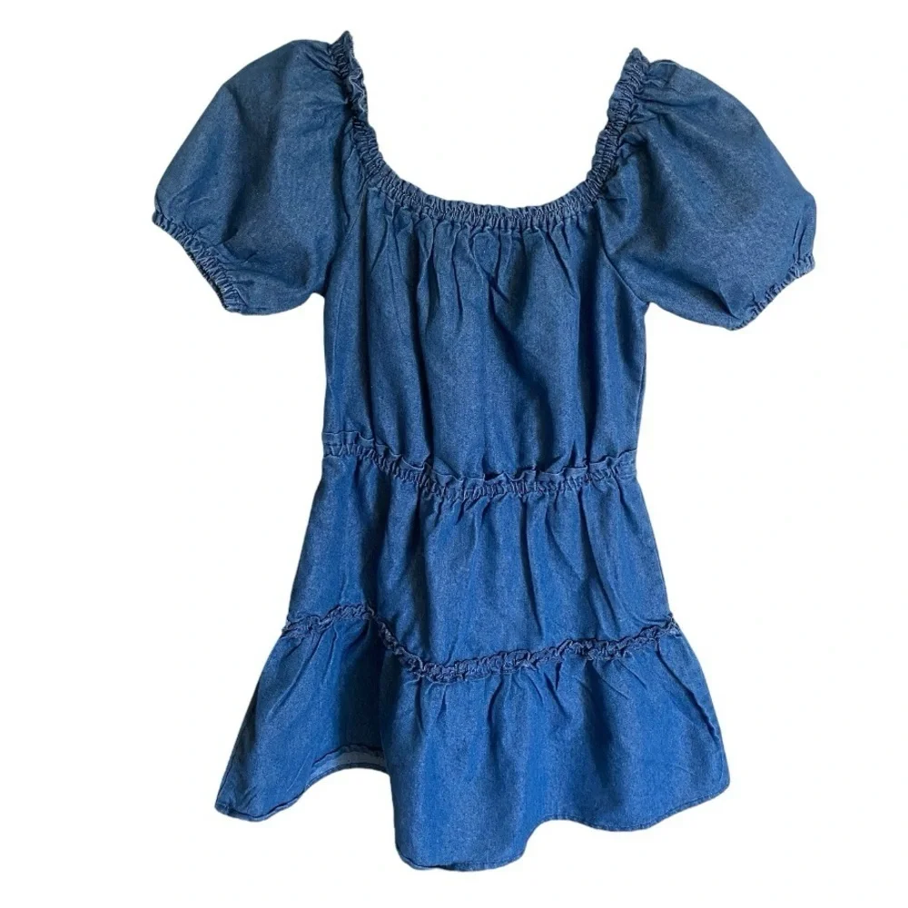BCBG GIRLS Blue Denim Ruffle Dress Puff Sleeve Smocked Dress Size Large NWOT