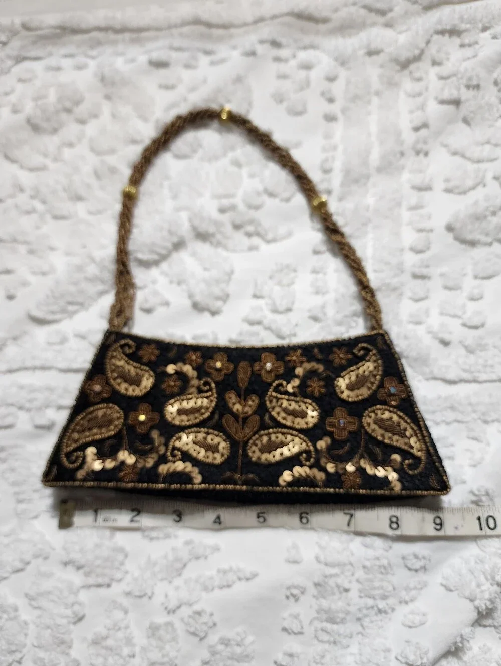 Bougainvillea Brown Bag With Bronze Stitching, Beaded Handle & Embellishments