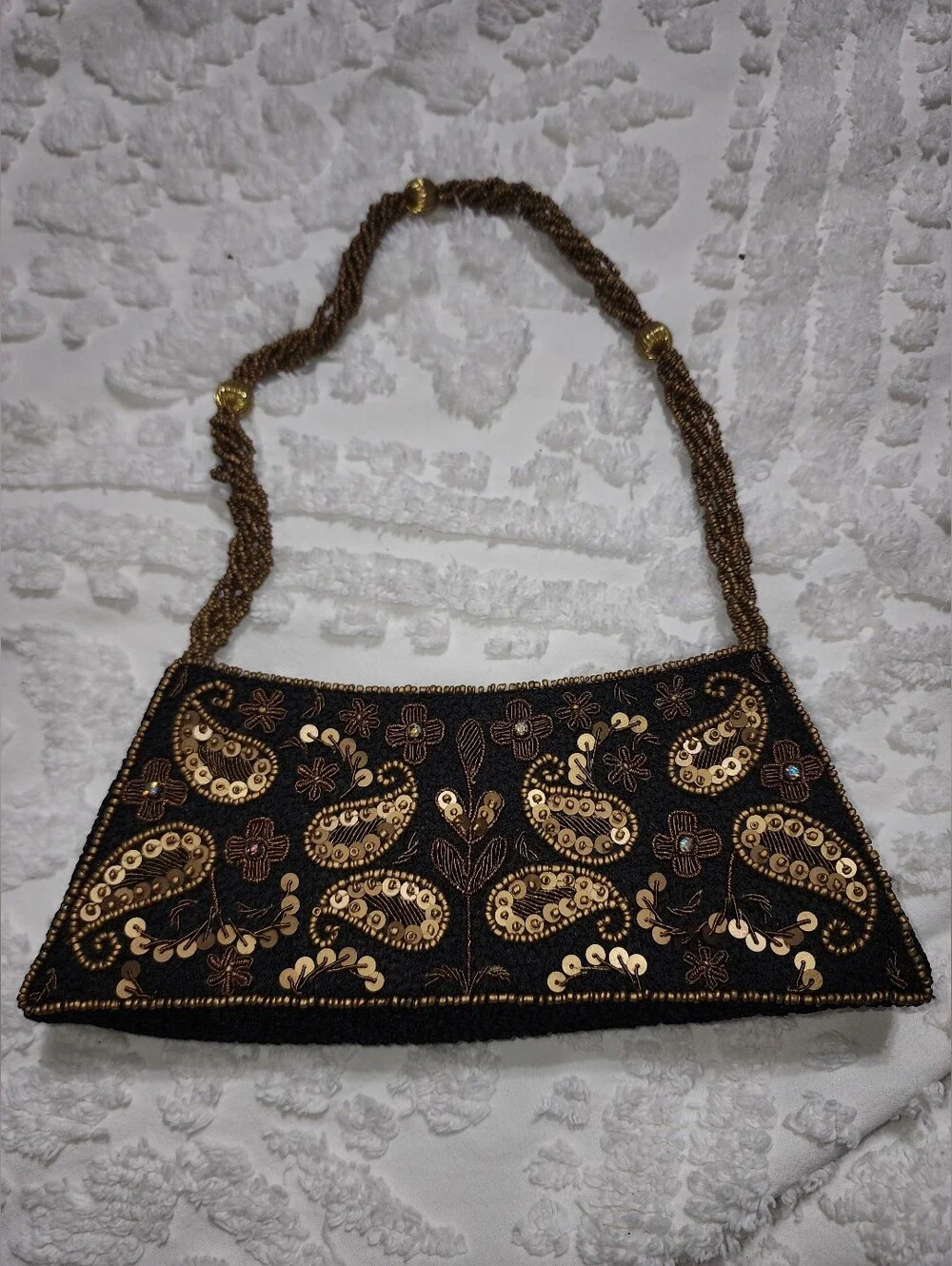 Bougainvillea Brown Bag With Bronze Stitching, Beaded Handle & Embellishments