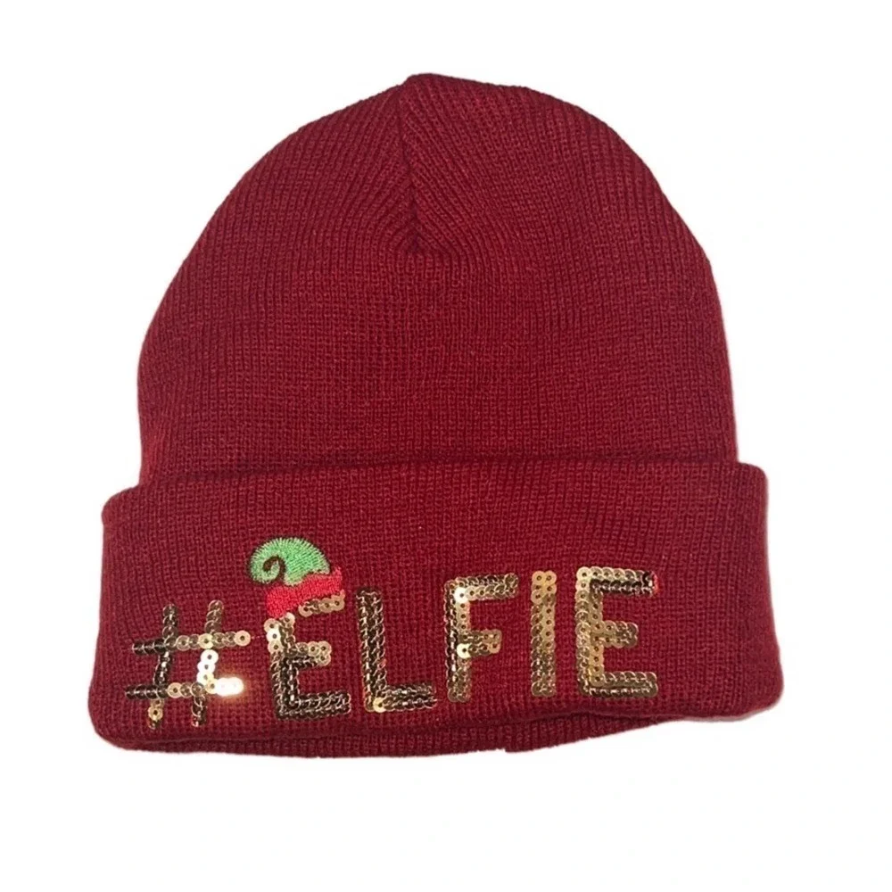 Red “#ELFIE” Christmas Knit Beanie Hat