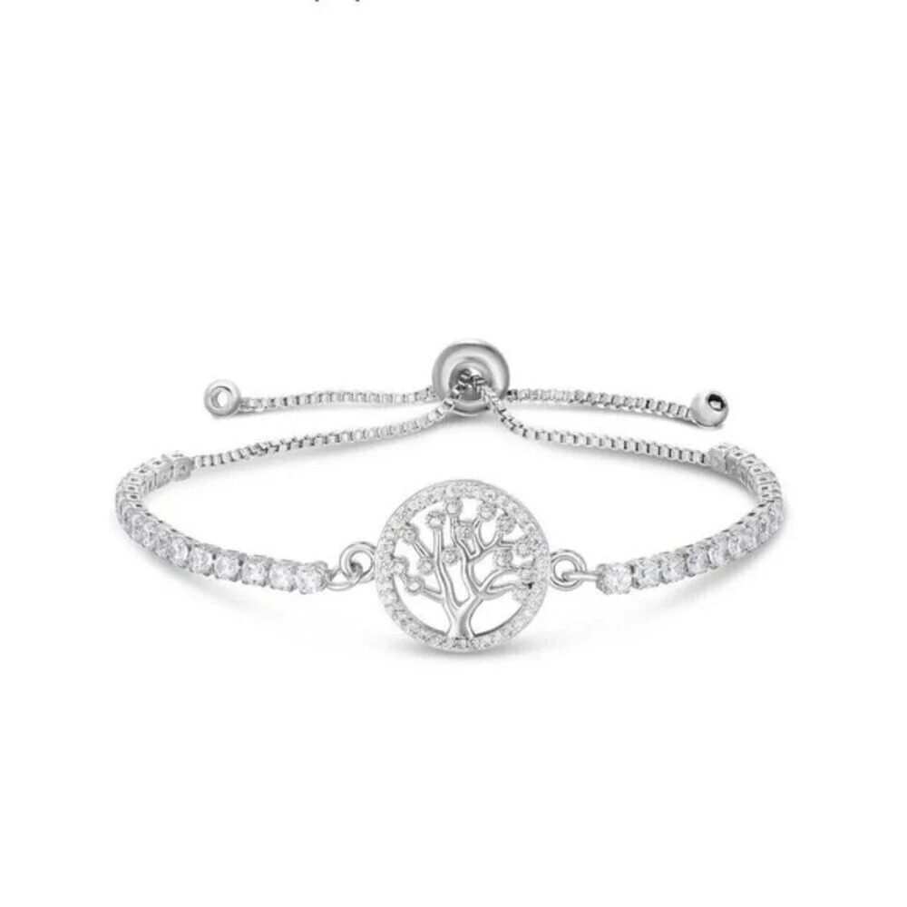Cubic Zirconia Tree Of Life Adjustable Bolo Bracelet in Fine‎ Silver Plate $75