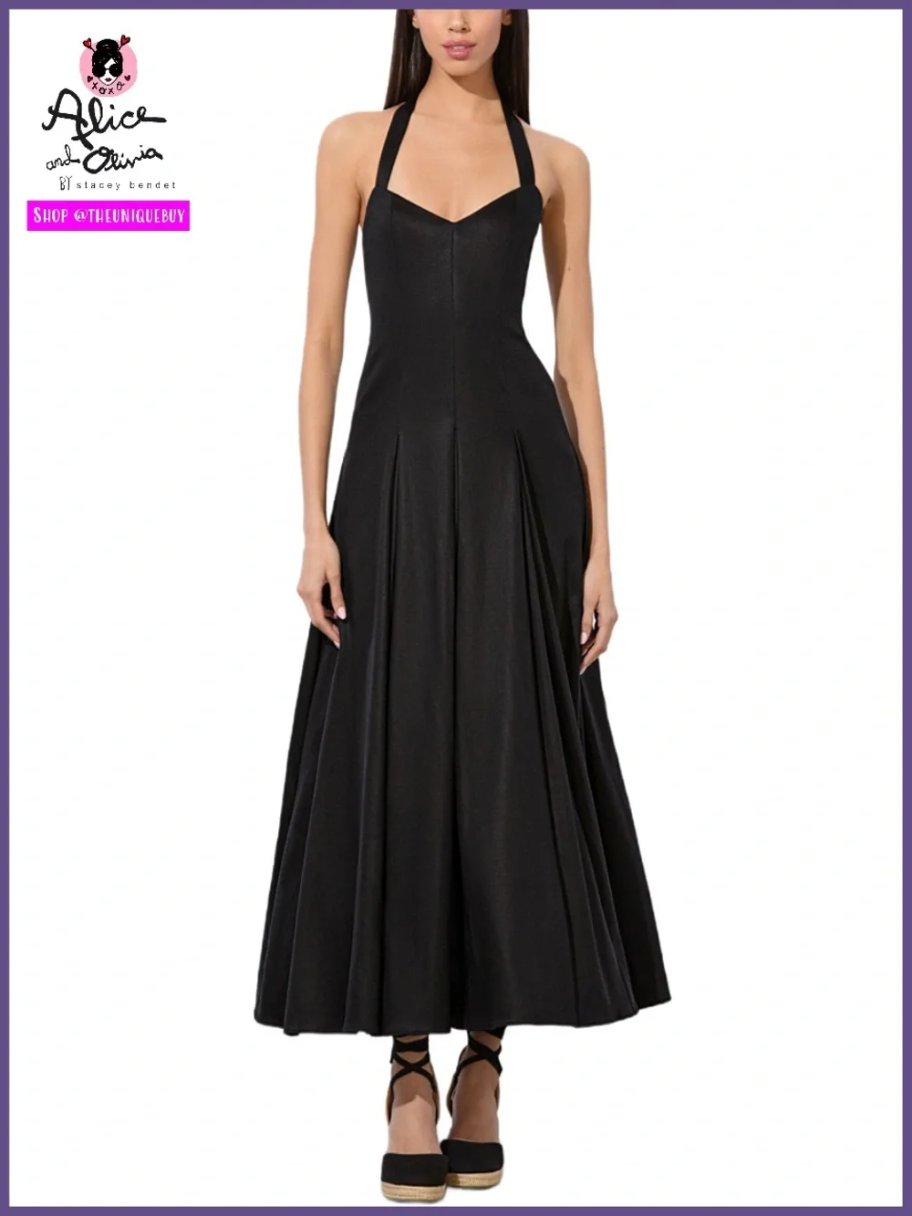 Alice + Olivia Isabelle Black Structured Pleated Flared Midi Dress