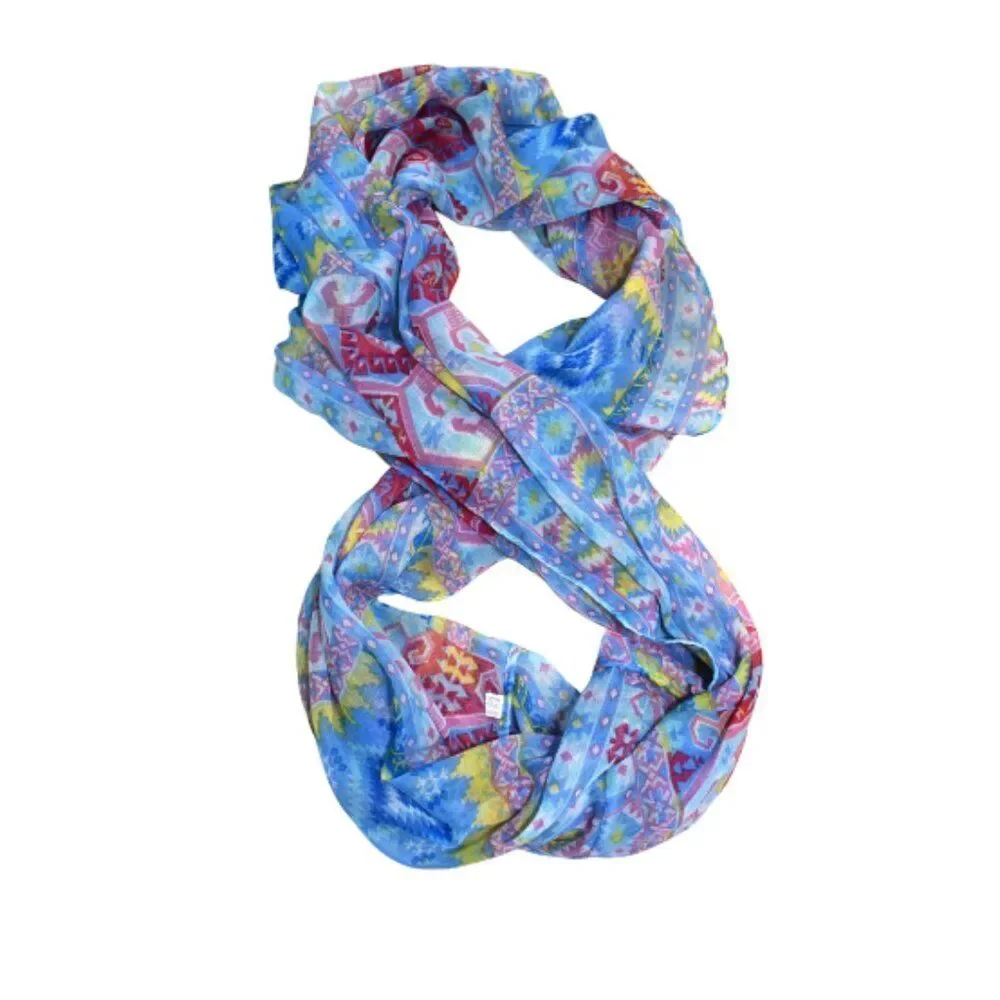 Colorful Boho Eternity Scarf Blue Pink Yellow Semi Sheer Wrap