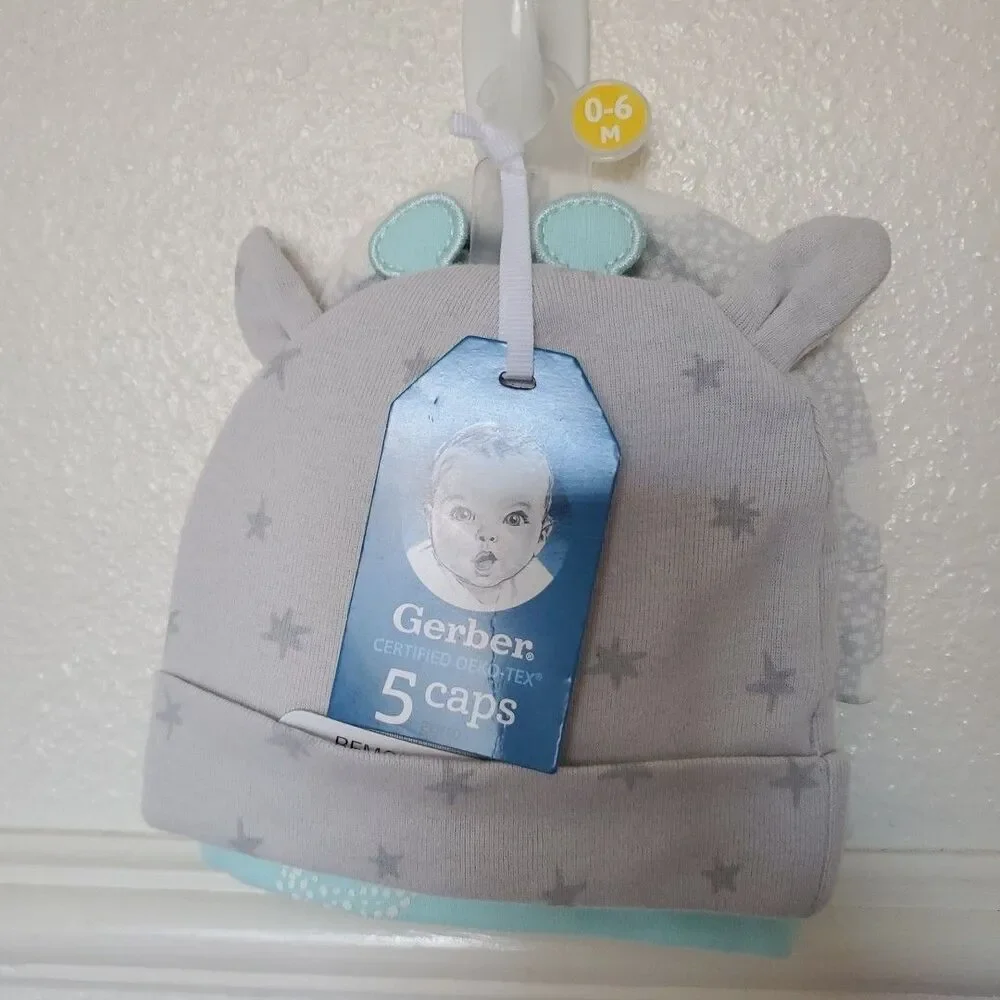 Gerber Baby 5 Caps Set size 0-6 Months - Choose Your Style Oeko Tex Stars Clouds