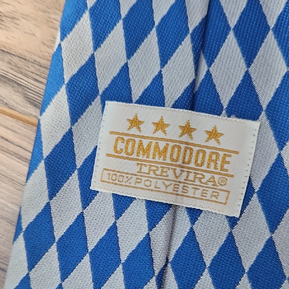 Commodore Trevira Vintage Retro Blue and White Argyle Print Tie