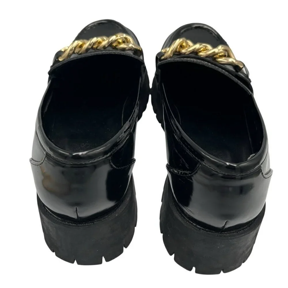 GUESS Womens 8.5 M Hillford Chunky Black Patent Leather Platform Loafer Lug Sole