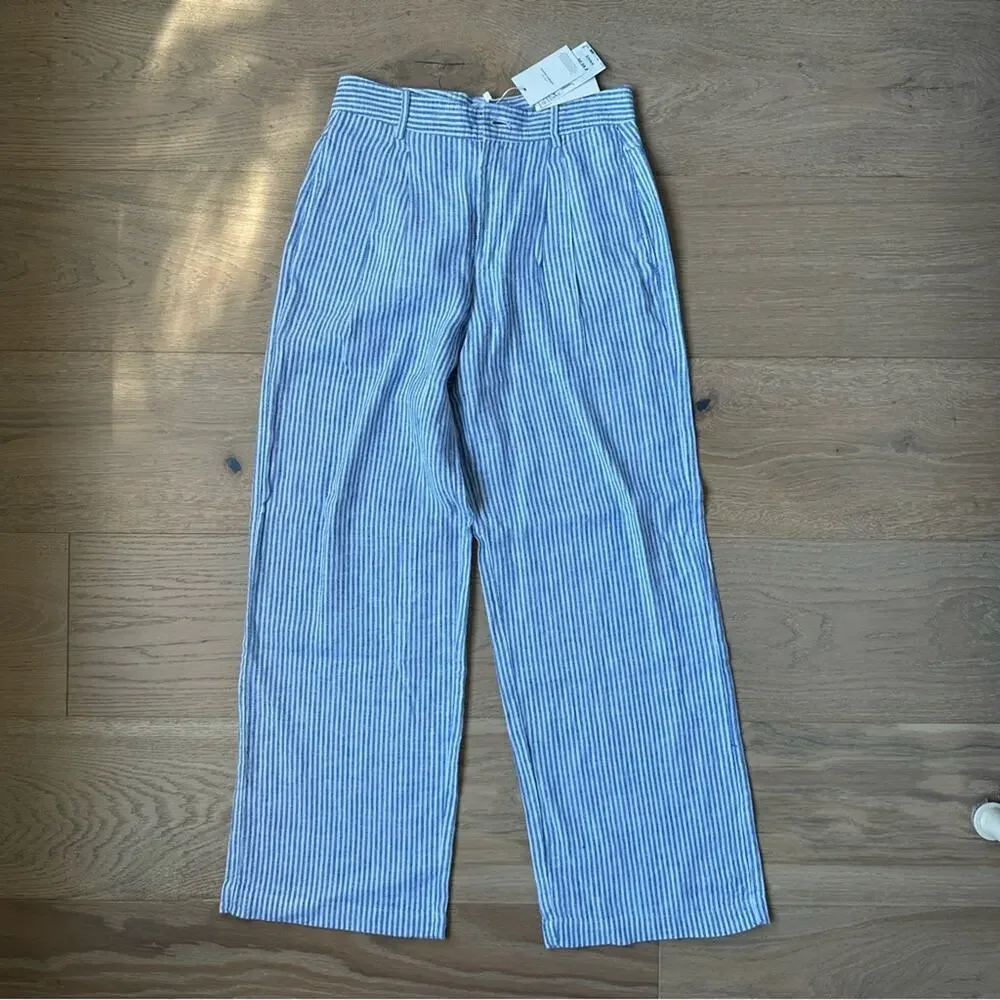 NWT Mango Striped Linen Blend Trousers Blue and White 2