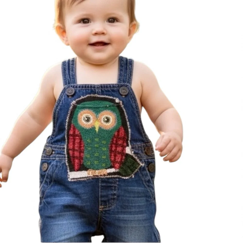 OshKosh B'gosh Blue Denim Overalls Hand Crafted Appliqué Owl on‎ Bib Newborn