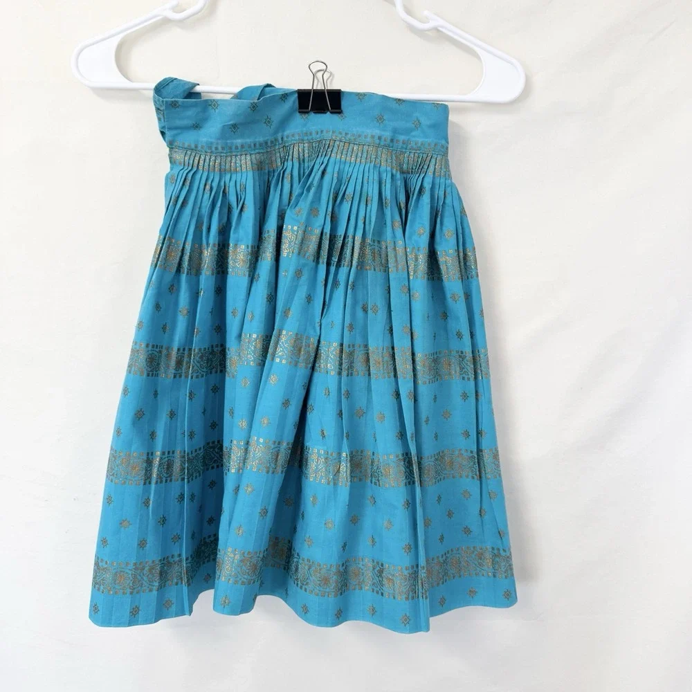 Half Style Apron Handmade. Vintage. Pleated Turquoise And Gold 16X17 Small Spots