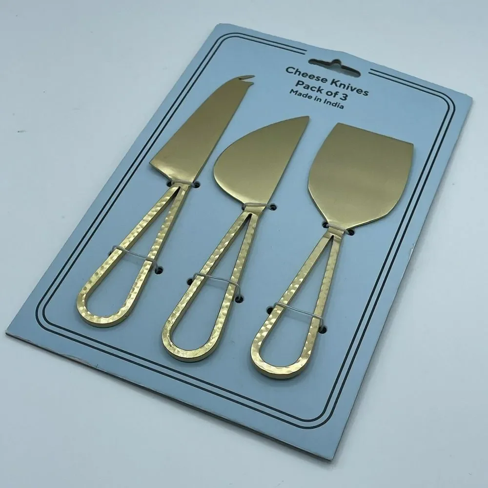Loop Handle Set Of 3 Brass Color Hand Hammered Cheese Knives Slicer NEW India‎