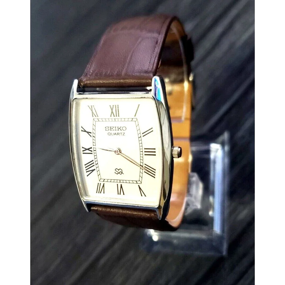 RARE NOS Seiko Men Barrel Tank White‎ Roman Dial Brown Leather band Dres…