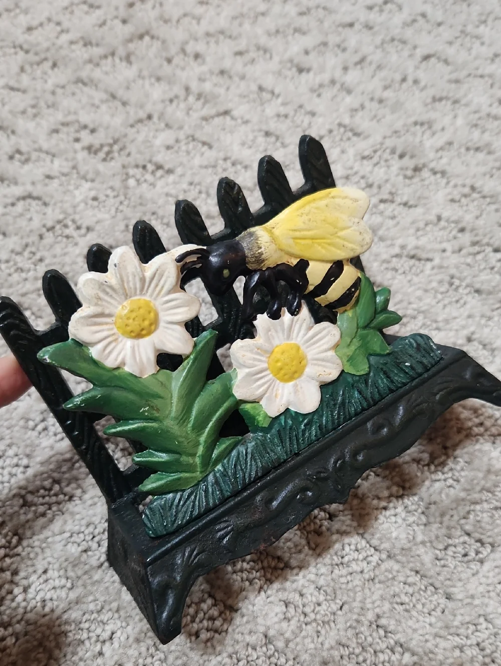 Cast Iron Bee on Daisy Fence Napkin Holder Letter Holder - Yellow, White, Green