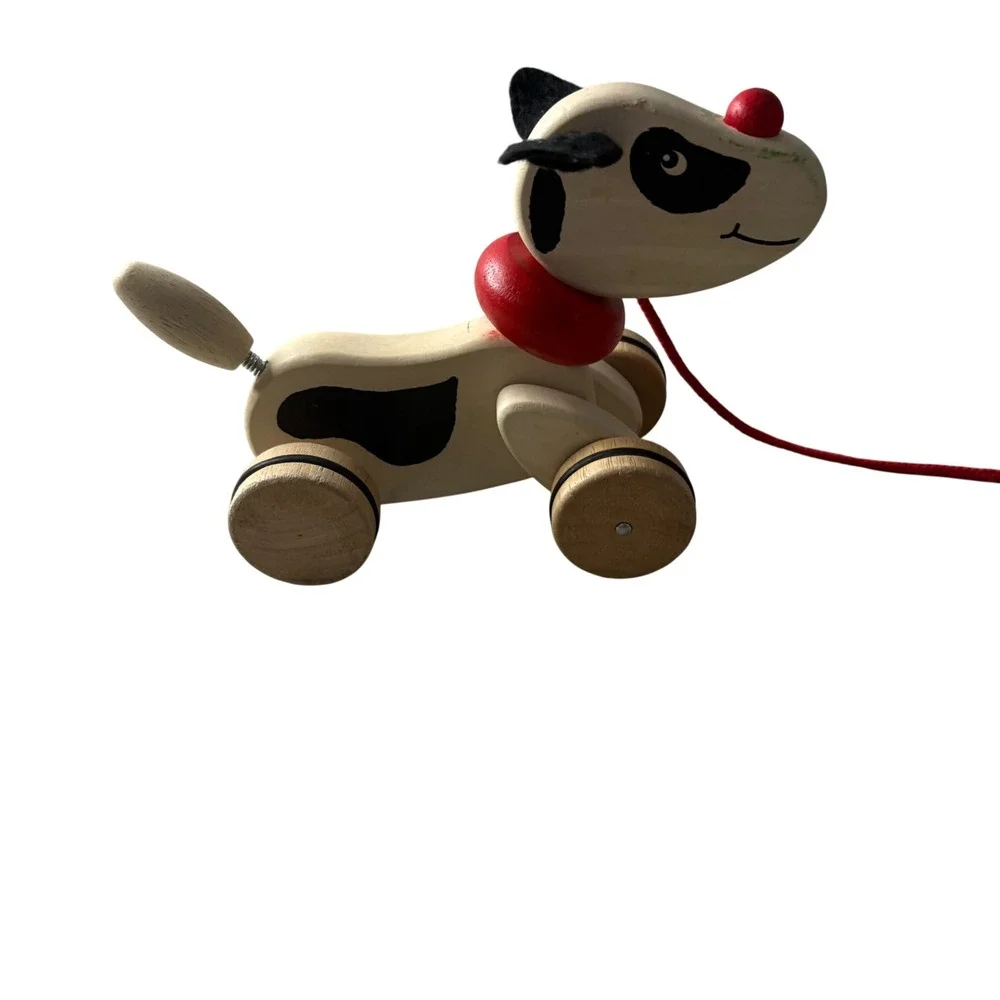 VTG Wooden Pull Toy Dog Spotted Puppy with Red Collar and Spring Tail 1727