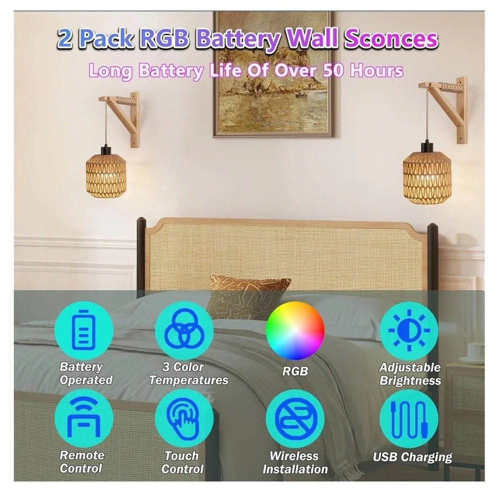 2‎ pack,Wireless Rechargeable Wall Lights 50 Hr Battery RGB Light