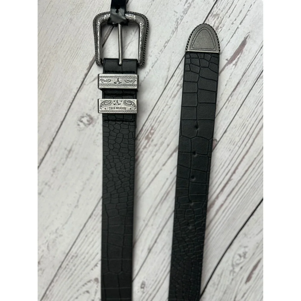 True Religion Mens‎ Black Crocodile Embossed Western Belt Silver Engraved Buckle