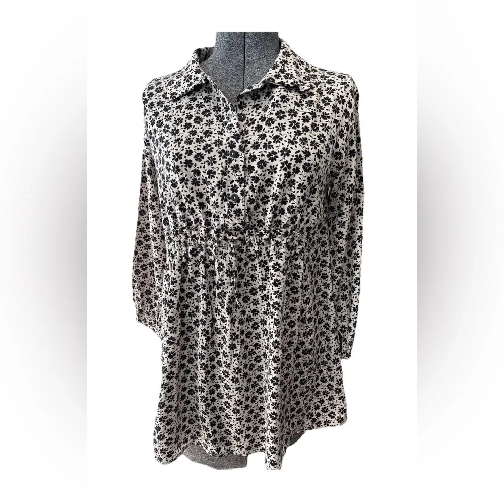 🆕Zara NWT girls size 10 boho style floral beige and‎ black pullover dress short