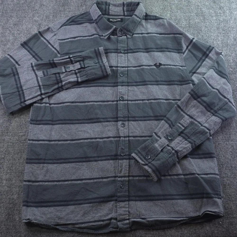 True Religion Flannel Shirt Medium Gray Green Striped‎ Button Up Outdoors